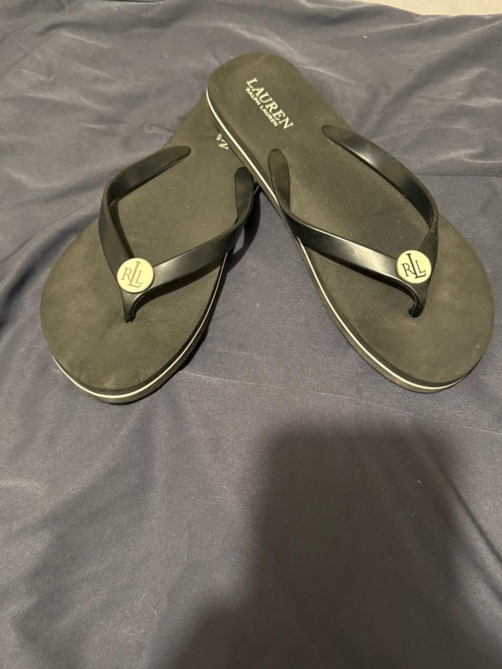 Lauren Ralph Lauren Black Flip Flops with Gold RL Medallions